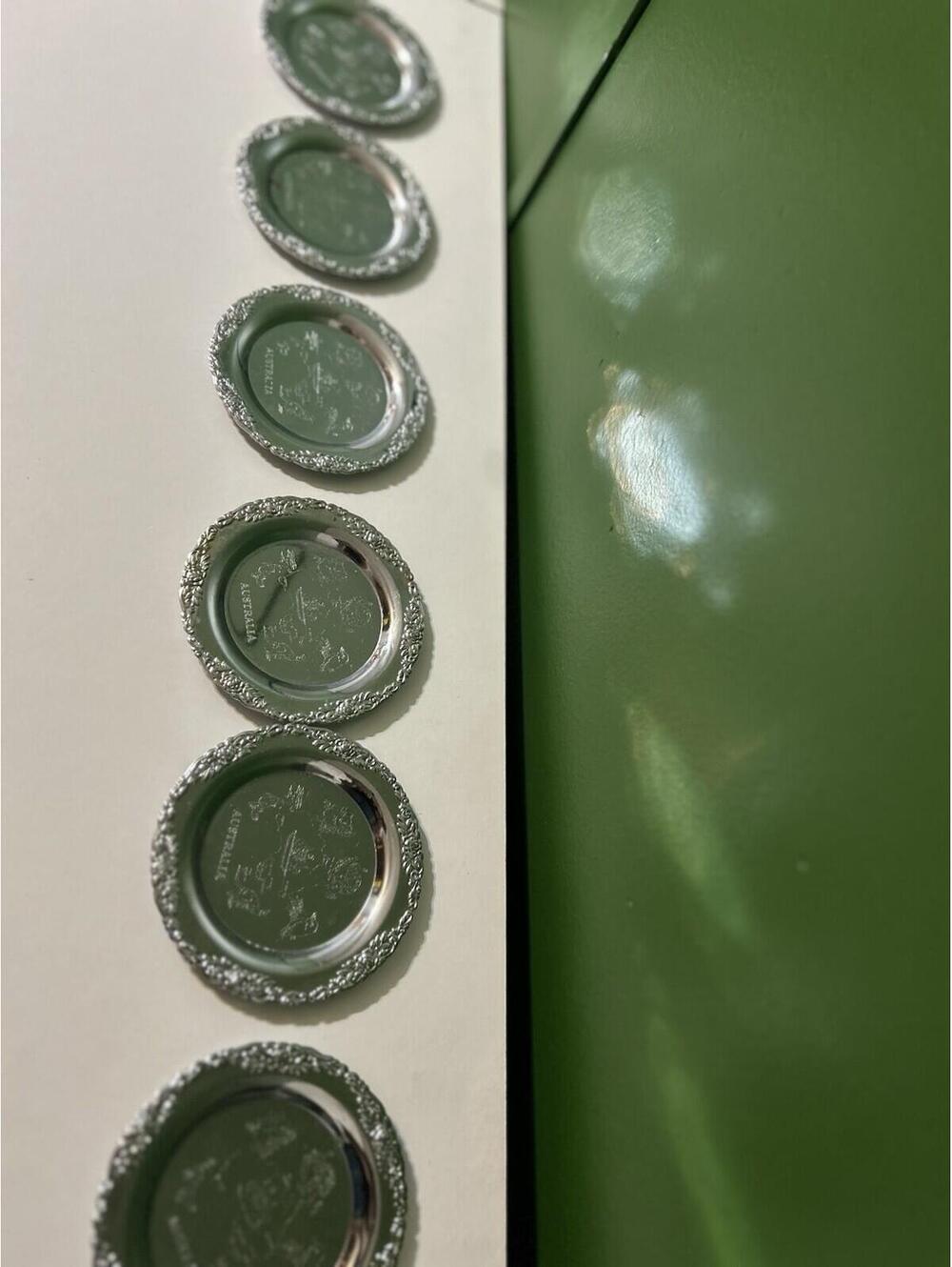 Vintage Australia Souvenir Coasters Set-6 Silver Tone Metal Map Animals Floral